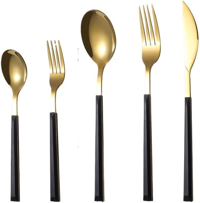 Silverware Flatware Cutlery Set, 5/20/30/40/50/60 Pieces Stainless Steel Imitation Wood Handle Knives, Forks And Spoons Portuguese Tableware Wood Grain Tableware Clamp Handle Tableware(Black