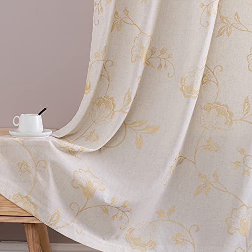 Lazzzy Semi Sheer Beige Curtains Gold Floral Embroidered Curtains Linen Textured Sheer Privacy Curtains Farmhouse Cottagecore Grommet Window Drapes for Living Room Bedroom 63 Inch Long 2 Panels