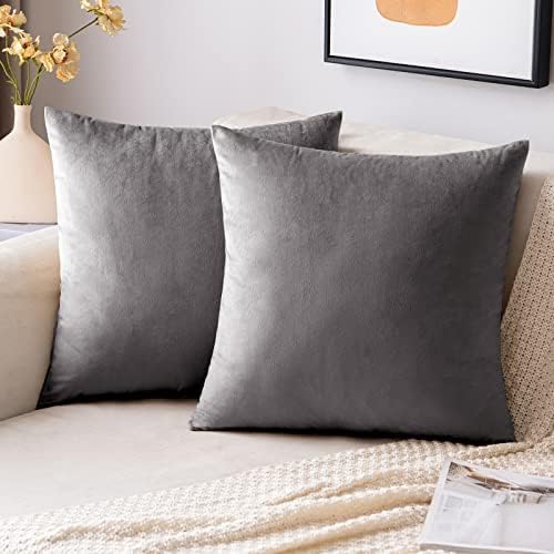 EMEMA Pack of 2 Velvet Throw Pillow Covers Decorative Square Pillowcase Soft Solid Cushion Case for Sofa Bedroom Chair Car 18x18 Inch Grey