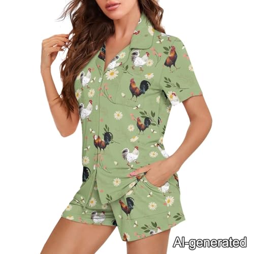 Image of Renewold Women's Short Sleeve Pajama Set Button Down Sleepwear with Notch Collar Soft Lounge Top and Shorts with Pockets