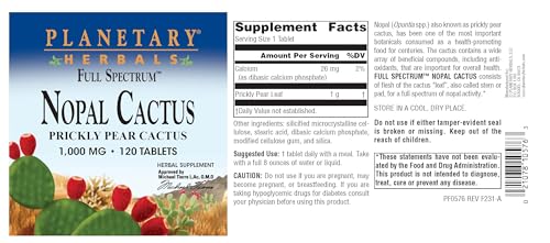 Planetary Herbals Full Spectrum Nopal Cactus, Prickly Pear Cactus, 1000 mg, with Prickley Pear Leaf - 120 Tablets - Thumbnail 5