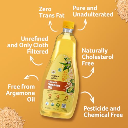 Image of Organic Tattva Sesame Oil 1 Litre | Unrefined Cold Pressed Cooking Oil | Pure Sesame Seed Oil | Suitable for Everyday Cooking (Pack of 2)