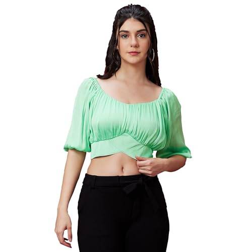 Image of Globus Women Green Solid Back Tie-Up Party Crop Top-3639937001