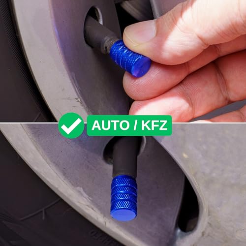 Ventilkappen aus Aluminium, 4 Stück, in Blau, für Auto BZW. Schrader Ventile, Ventil Kappe mit Dichtung, Reifenventil Caps für KFZ, Fahrrad, Motorrad, Roller, Luftventilkappen, Staubschutz Kappen
