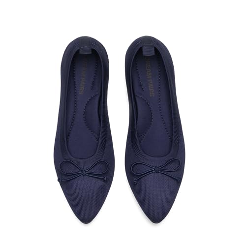 DREAM PAIRS Women's Ballet Knit Flats Foldable Pointed Toe Comfortable Dressy Flat Shoes with Bow-Knot Casual Business Work Office 6.5 Navy