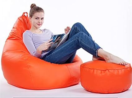 LEXAVI Brand - XXXL Combo Beanbag with Footstool Filled Density Beans - Colour - (Orange)