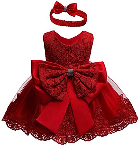 Ho Mall Bébé Fille Robe Demoiselle d'honneur Fête sans Manches Blanc Dentelle Robe d'anniversaire Princesse Bowknot Filles Tutu Robe Baptême Mariage Pageant 0-24 Mois (Rouge, 24M (18-24 Mois)) Cover