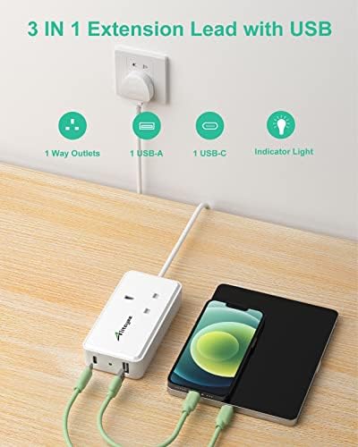 Smart Extension Lead with USB Slots, Power Strip with USB-A and USB-C(5V 3.1A MAX), 1M Extension Cord, 1 Way Plug Socket Extension, 3250W 13 amp Plug Fused, Ideal for Home Office Accessories-White
