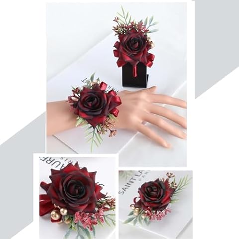 GAKA Wine Red Corsage Wristlet and Boutonniere Set for Wedding Flower Accessories Prom Suit Decorations,Burgundy Cover
