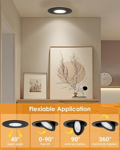 Image of POPANU 3 inch Black Recessed Lights, 7W Canless Gimbal Soffit Lighting, Canless Lights, 5CCT Dimmable 90Tilt Wafer 3 inch Light, Retrofit Rotatable Eyeball Swivel Spot Downlight 6 Pack Black