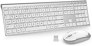 Wireless Rechargeable Keyboard and Mouse Set Ultra Slim Full Size UK Layout QUERTY for Computer Laptop PC Desktop, White and Silver