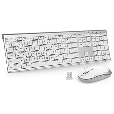 Wireless Rechargeable Keyboard and Mouse Set Ultra Slim Full Size UK Layout QUERTY for Computer Laptop PC Desktop, White and Silver Cover