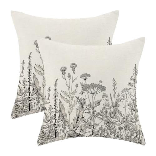 Image of AEIOAE Black White Gray Pillow Covers 16x16 Inch Set of 2, Spring Wildflower Plant Throw Pillows Case,Seasonal Floral Outdoor Decorative Flowers Farmhouse Decor Cushion Covers for Home Sofa Bed Couch