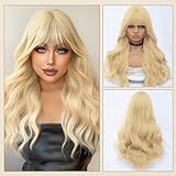 EUPSIIU Long Wave Blonde Wig for Women 27'' Curly With Bangs - Synthetic Hair for Fancy Dress, Cosplay Party, Daily Use (Blonde) - Image 6