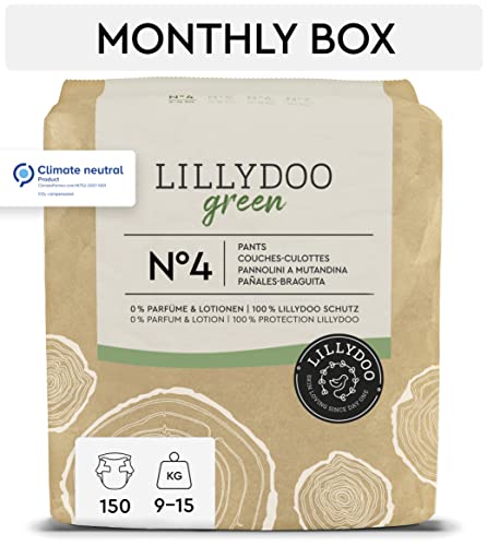 Pañales-braguita LILLYDOO green con un impacto ambiental reducido, talla 4 (9-14 kg), 150 pañales, PACK AHORRO
