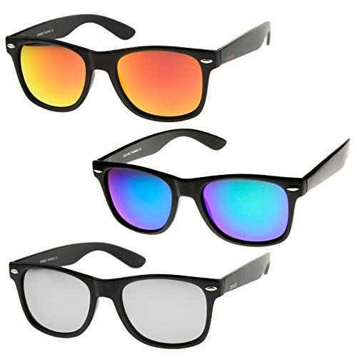 zeroUV - Classic Colored Mirror Lens Square Horn Rimmed Sunglasses for Men Women (3 Pack | Orange + Green-Blue + Silver)