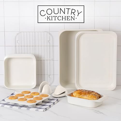 Country Kitchen Nonstick Stackable Bakeware Set - Deluxe Heavy Duty, Durable, Easy Release Baking Set, 8 Pcs, Cream