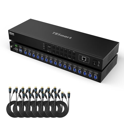 Image of TESmart 16X1 HDMI KVM Switch, USB 3.0 4K@60Hz Rackmount KVM Switch, Enterprise-Grade KVM, EDID Emulator, Hotkey Switch, RS232, IR Remote, IP Control, Auto Scan, with 8 Pcs 5ft KVM Cable (HKS1601-P23)
