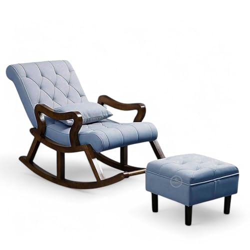 Image of Solid Sheesham Wood Rocking Chair for Living Room with Footrest and Pillow | Ergonomic Resting Chair with Ottoman for Relaxing and Pregnant Women (Lite Blue)