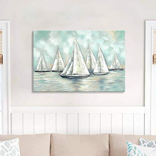 Abstract Nautical Painting Wall Art: Hand Painted Seascape Picture Ocean Sailboat on Canvas Artwork for Bathroom (36"W x 24"H, Multi-Sized) - Image 4