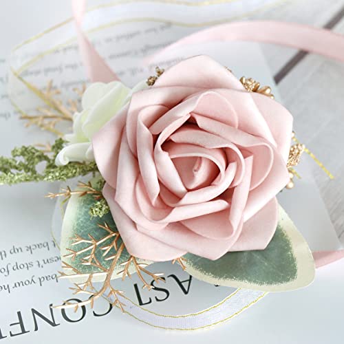 YSUCAU Corsage and Men Boutonniere Set for Wedding, Blush & Burgundy Corsages Wristlet Band Bracelet for Wedding Mother of Bride and Groom, Prom Flowers (Blush & Burgundy)