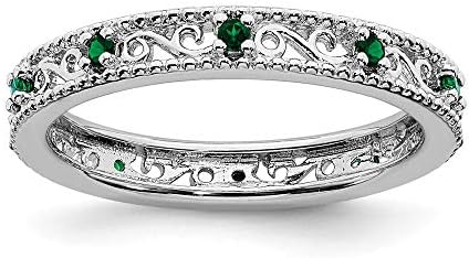 Solid 925 Sterling Silver Stackable Created Emerald Green May Gemstone Ring Eternity Band Size 7