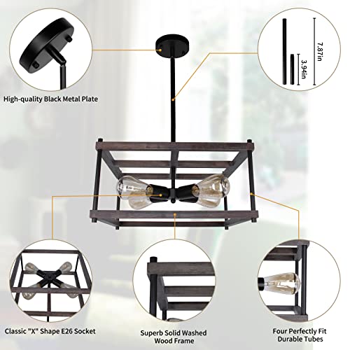 4-Light Farmhouse Semi Flush Mount Ceiling Light Fixture, Rustic Retro Wood Ceiling Light, Black Metal Industrial Farmhouse Ceiling Lights for Living Dining Room Hallway Kitchen Entryway - Image 6