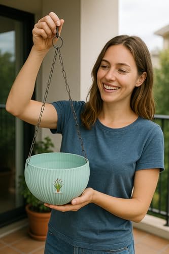 Image of Hanging Flower Pots with Chain - Set of 4 | Eco-Friendly White Plastic Planters for Balcony, Indoor & Outdoor Use | Round Ribbed Design (Light Blue 4 Pieces)