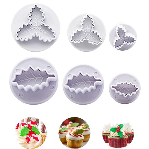 Holly Leaf Cookie Cutters Plunger Set 3D Christmas Biscuit Fondant Molds for Baking,Cake Decorations (6 Pieces)