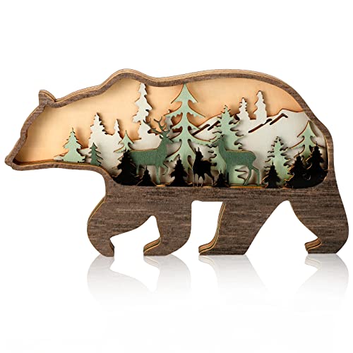 Image of Honoson Forest Animal Rustic Wall Art Decor Wooden Farmhouse Wall Decoration Wooden Animal Decor Wood Forest and Mountain Ornaments for Cabin Bedroom Living Room Decor (Bear Style, Colorful)