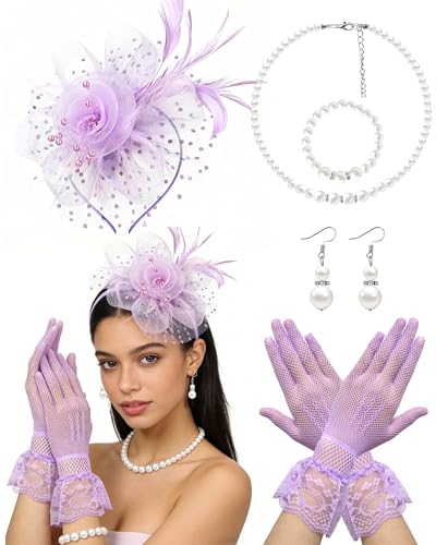 5Pcs Womens Fascinators Hats Light Purple Tea Party Accessories Set with Lace Gloves Pearl Earrings & Necklace for Church Cocktail Regency Era 1920s Dress Up