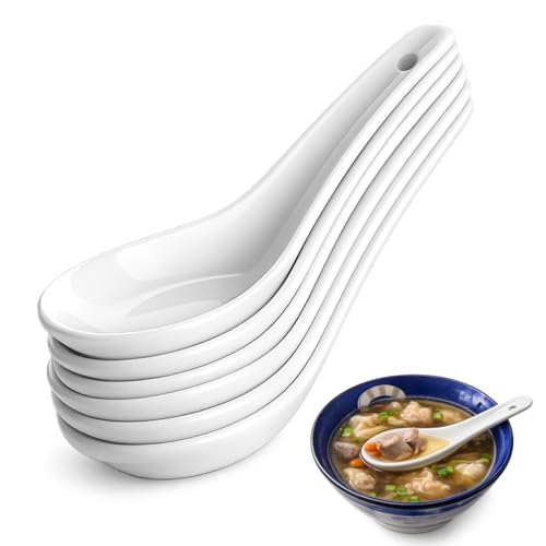 Porcelain Asian Soup Spoons Set of 6, 5-1/8" Ramen Pho Soup Spoon, Ceramic Chinese Japanese Soup Spoons for Noodles, Wonton, Rice, Dumplings, Microwave & Dishwasher Safe