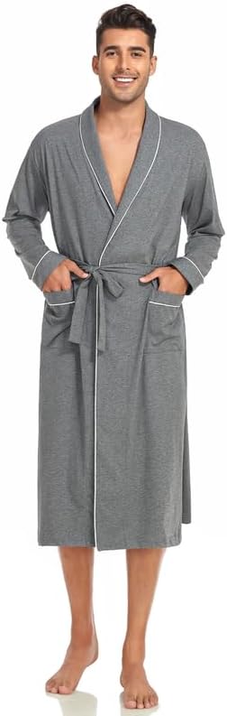 CF Men Cotton Robe Lightweight Knit Kimono Bathrobe Short & Long Sleeve Sleepwear Soft Knee Length Robe with Pockets M-2XL