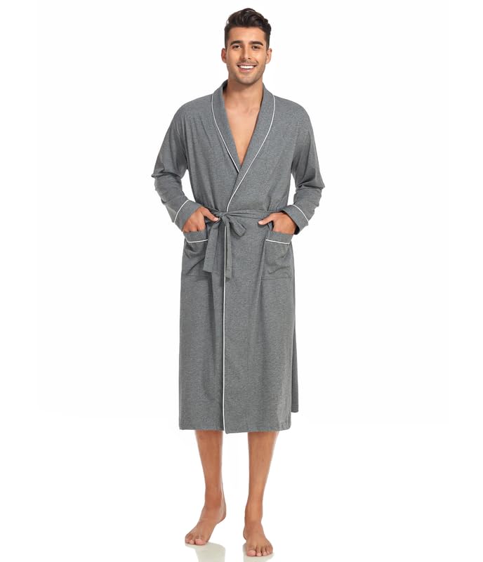 CF Mens 100% Cotton Robe Lightweight Knit Kimono Bathrobe Long Sleeve Sleepwear Soft Knee Length Robe with Pockets M-2XL