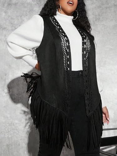 WDIRARA Women's Plus Fringe Sleeveless Vest Fringe Tassel Faux Suede Open Front 70S Hippie Jacket Cardigan4