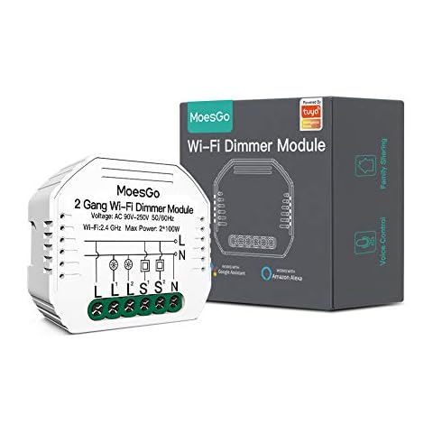 MoesGo WiFi Smart Alexa Dimmer Light Switch, Wireless Switch LED Relay Module Compatible with Smart Life Tuya App Remote Control Amazon Alexa and Google Home, Netural Wire Required, 2 Gang 1/2 Way Cover