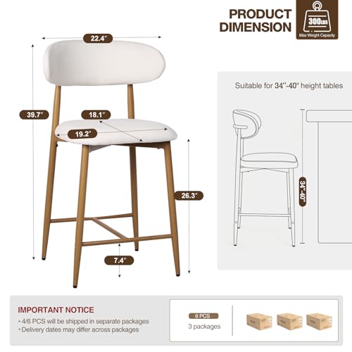Image of AQO Counter Height Bar Stools Set of 6, Upholstered Counter Stools Modern Barstools with Metal Legs for Kitchen Island Dining Room, Beige