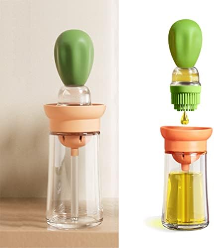 Oil Dispenser Bottle with Barbecue Brush,Oil Storage and Dispenser Container and Silicone Basting Brush for Kitchen BBQ Grilling Baking and Cooking, Oil Brush Pot, Green