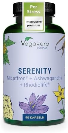 Vegavero Integratore BUON UMORE con Rhodiola, Ashwagandha, Iperico, Triptofano, Zafferano + Vitamine B | contro Stanchezza Fisica e Mentale, Stress e Ansia | Vegan e Senza Additivi | 90 capsule Generico - integratore