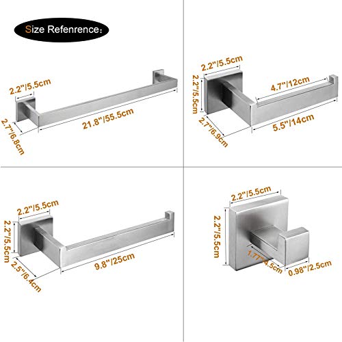 Nolimas 4-Piece Brushed Nickel Bathroom Hardware Accessory Set Including Towel Bar Toilet Paper Holder Towel Holder Robe Hook Premium SUS 304 Stainless Steel Wall Mounted Square Style,Rustproof
