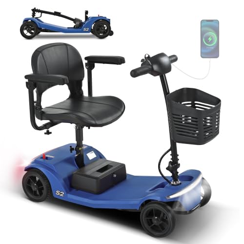 Scooter de movilidad para personas mayores, 4 ruedas, 6 km/h, carga 136 kg, batería extraíble, luz LED, reposapiés largo, azul