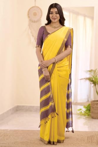 Image of Women's Cotton Woven Soft Sarees With Attach Blouse Piece.