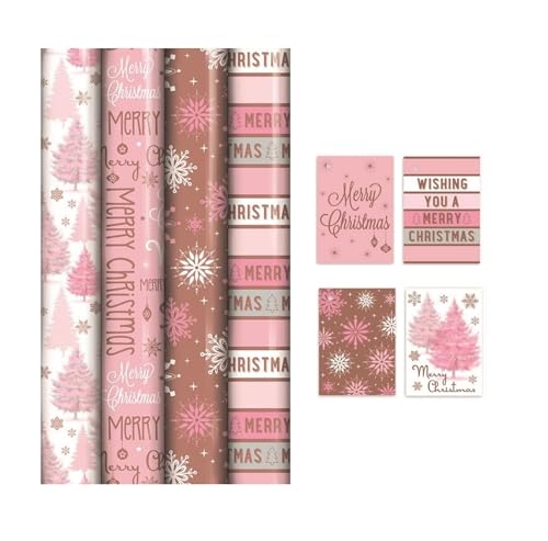 4 Rolls Of 8M Blush Pink Gift Wrapping Paper - Rose Gold Wrap - Pink Mix Festive Paper - 8M x 70CM With 20 Matching Festive Tags Ideal For The festive Season