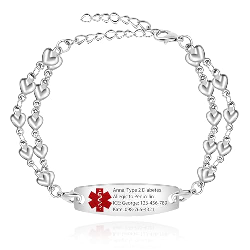 Vivaday Pulsera de alerta médica personalizada, pulsera de identificación con nombre, dirección y teléfono, joyería de aviso alérgico con doble cadena de acero inoxidable e icono rojo