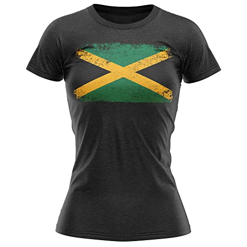 Jamaica Grunge Flag Womens T Shirt, Jamaican Football Supporters, Jamaican Fans Gift idea for Kids, Jamaica Country Flag Top, Football Tee, S, Black