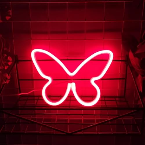 Image of JYWJ Butterfly Neon Sign,USB or 3-AA Battery Powered Neon Light,LED Table Decoration,Bedroom Wall Decoration,Birthday Gift,Wedding Supplies Business Gift(Red)