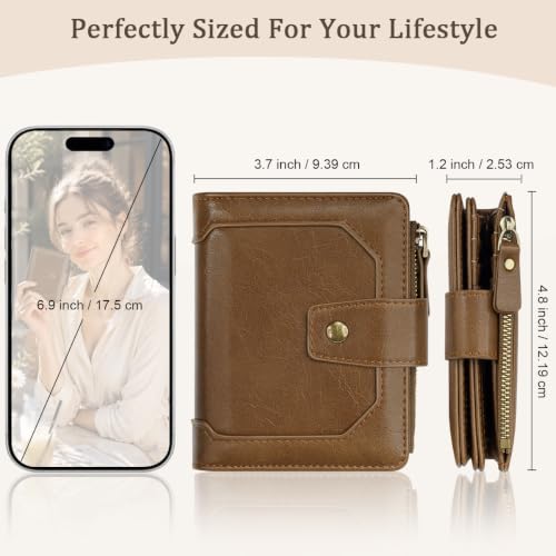 Image of Small Womens Wallet Billfold RFID Credit Card Holder Ladies Purse | Compact Wallets Women, 2 ID Windows,16 Card Slots, Zipper Coin Pocket, PU Leather, Woman Female Girls Gift, Brown