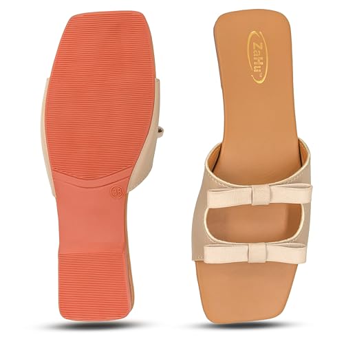 Image of ZaHu Women's Flat Slide Sandals Faux Leather Beige Double Bow Square Toe Slip On Casual Dressy Summer Footwear Comfortable Lightweight Durable for Travel Beach Party Office Gifting Modern Minimalist Open Toe Low Heel Soft Cushioned Insole Non Slip Sole Easy Care Stylish Versatile Vacation Wedding Brunch Shopping Work Women