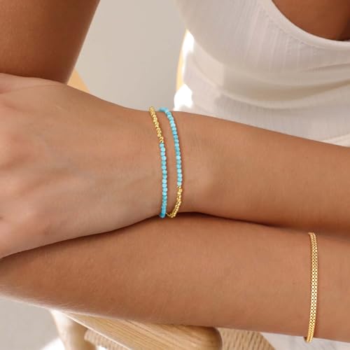 OSIANA Dual-Strand Gemstone Bracelet for Women, 14K Gold Plated Layered Natural Stone Beads Boho Handmade Summer Jewelry3