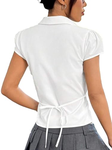 SUNNOW Women's Pleated Bust Button Down Shirt Tie Back Fitted Short Sleeve Blouse Casual Tops2